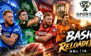 Cinematic BBL|16 editorial illustration featuring cricketers in Adelaide Strikers, Melbourne Stars, Melbourne Renegades and Perth Scorchers colors, a BBL trophy and BASH RELOADED lettering.