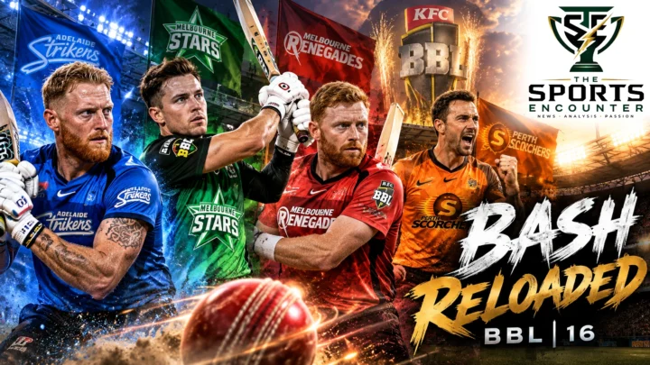 Cinematic BBL|16 editorial illustration featuring cricketers in Adelaide Strikers, Melbourne Stars, Melbourne Renegades and Perth Scorchers colors, a BBL trophy and BASH RELOADED lettering.