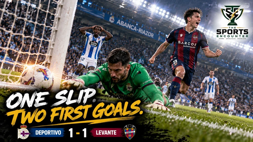 Bil Nsongo in Deportivo's blue-and-white kit and Dani Requena in Levante's colors during the 1-1 La Liga draw at Riazor on October 16, 2026.