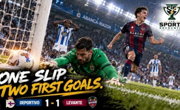 Bil Nsongo in Deportivo's blue-and-white kit and Dani Requena in Levante's colors during the 1-1 La Liga draw at Riazor on October 16, 2026.