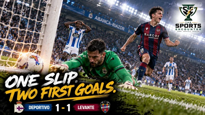 Bil Nsongo in Deportivo's blue-and-white kit and Dani Requena in Levante's colors during the 1-1 La Liga draw at Riazor on October 16, 2026.