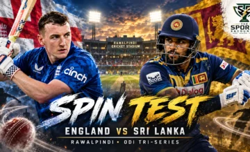 Cinematic cricket preview featuring England captain Harry Brook and Sri Lanka captain Kusal Mendis at Rawalpindi Cricket Stadium ahead of their October 22, 2026 ODI Tri-Series match, with The Sports Encounter's official logo.