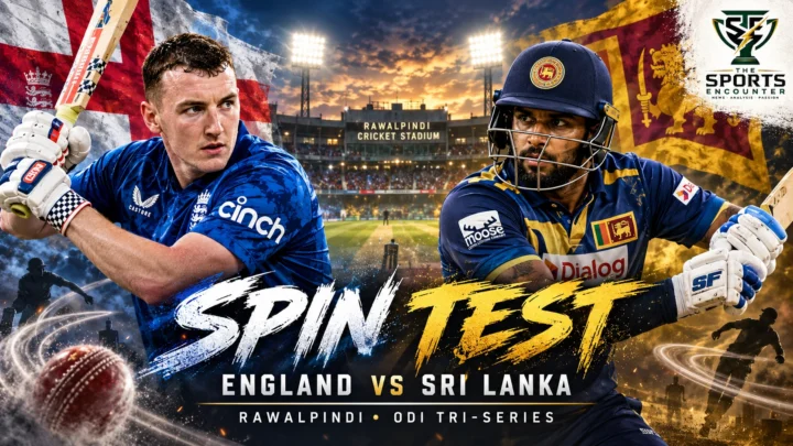 Cinematic cricket preview featuring England captain Harry Brook and Sri Lanka captain Kusal Mendis at Rawalpindi Cricket Stadium ahead of their October 22, 2026 ODI Tri-Series match, with The Sports Encounter's official logo.