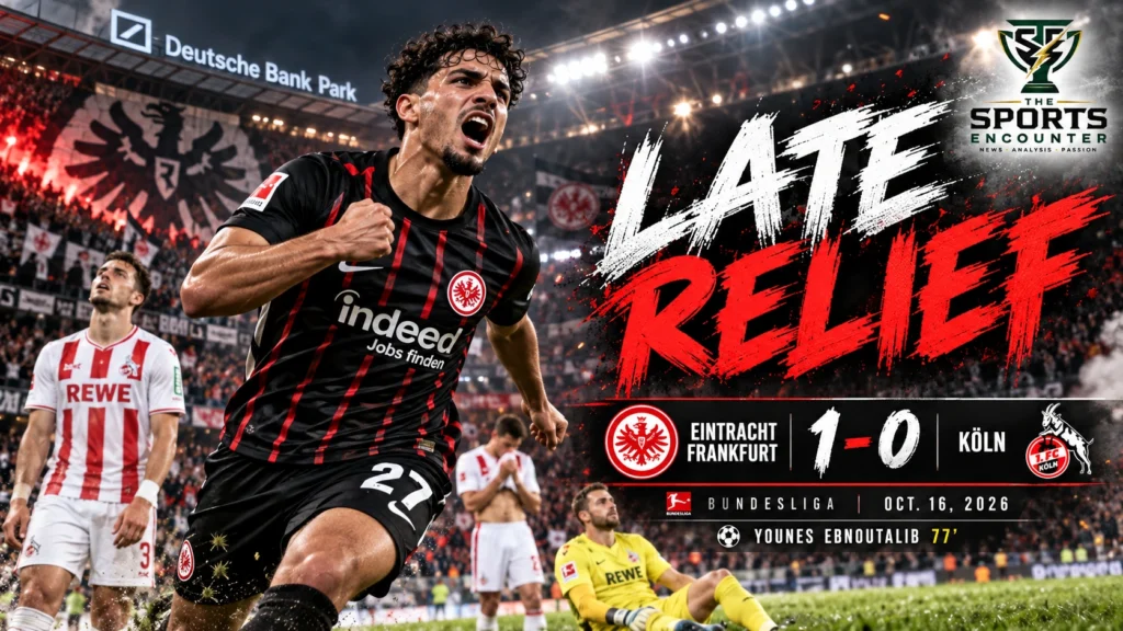 Younes Ebnoutalib celebrates Eintracht Frankfurt's 77th-minute winner against Cologne in a 1-0 Bundesliga victory at Deutsche Bank Park on October 16, 2026.
