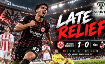 Younes Ebnoutalib celebrates Eintracht Frankfurt's 77th-minute winner against Cologne in a 1-0 Bundesliga victory at Deutsche Bank Park on October 16, 2026.