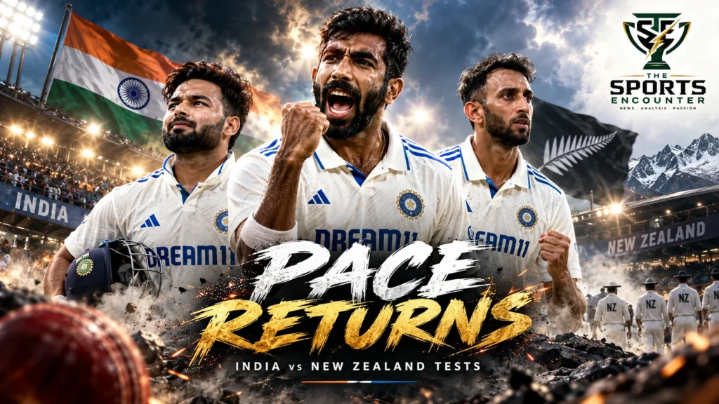 Jasprit Bumrah, Rishabh Pant and Prasidh Krishna featured in an India Test cricket graphic ahead of the November 2026 New Zealand series.