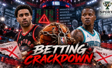 Editorial illustration of an NBA basketball court with restricted player prop betting markets, representing the league's October 2026 crackdown following gambling investigations involving Jontay Porter and Terry Rozier.