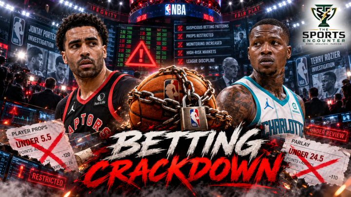Editorial illustration of an NBA basketball court with restricted player prop betting markets, representing the league's October 2026 crackdown following gambling investigations involving Jontay Porter and Terry Rozier.