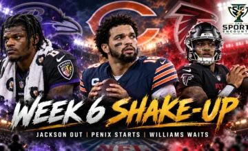 Cinematic NFL Week 6 graphic featuring Lamar Jackson of the Baltimore Ravens, Caleb Williams of the Chicago Bears, and Michael Penix Jr. of the Atlanta Falcons, highlighting Jackson's injury absence, Williams' uncertain return, and Penix's clearance to start in October 2026.