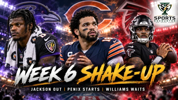Cinematic NFL Week 6 graphic featuring Lamar Jackson of the Baltimore Ravens, Caleb Williams of the Chicago Bears, and Michael Penix Jr. of the Atlanta Falcons, highlighting Jackson's injury absence, Williams' uncertain return, and Penix's clearance to start in October 2026.