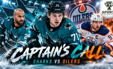 Macklin Celebrini in a San Jose Sharks uniform alongside former Edmonton defenseman Darnell Nurse and Oilers captain Connor McDavid in an illustrated October 10, 2026 NHL matchup graphic.