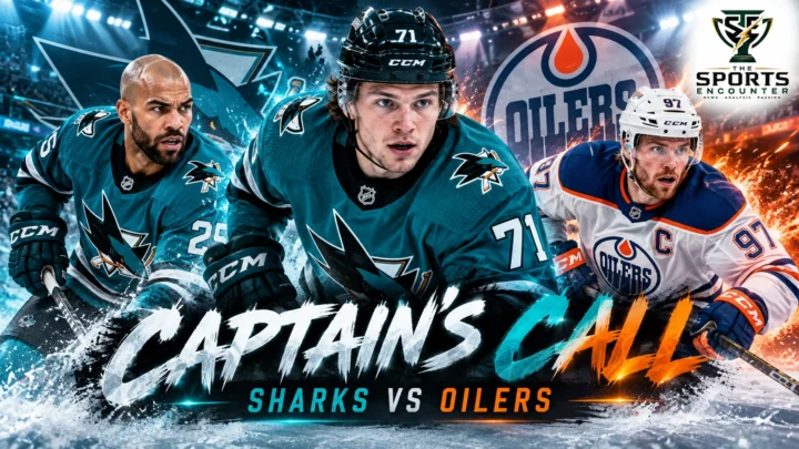 Macklin Celebrini in a San Jose Sharks uniform alongside former Edmonton defenseman Darnell Nurse and Oilers captain Connor McDavid in an illustrated October 10, 2026 NHL matchup graphic.