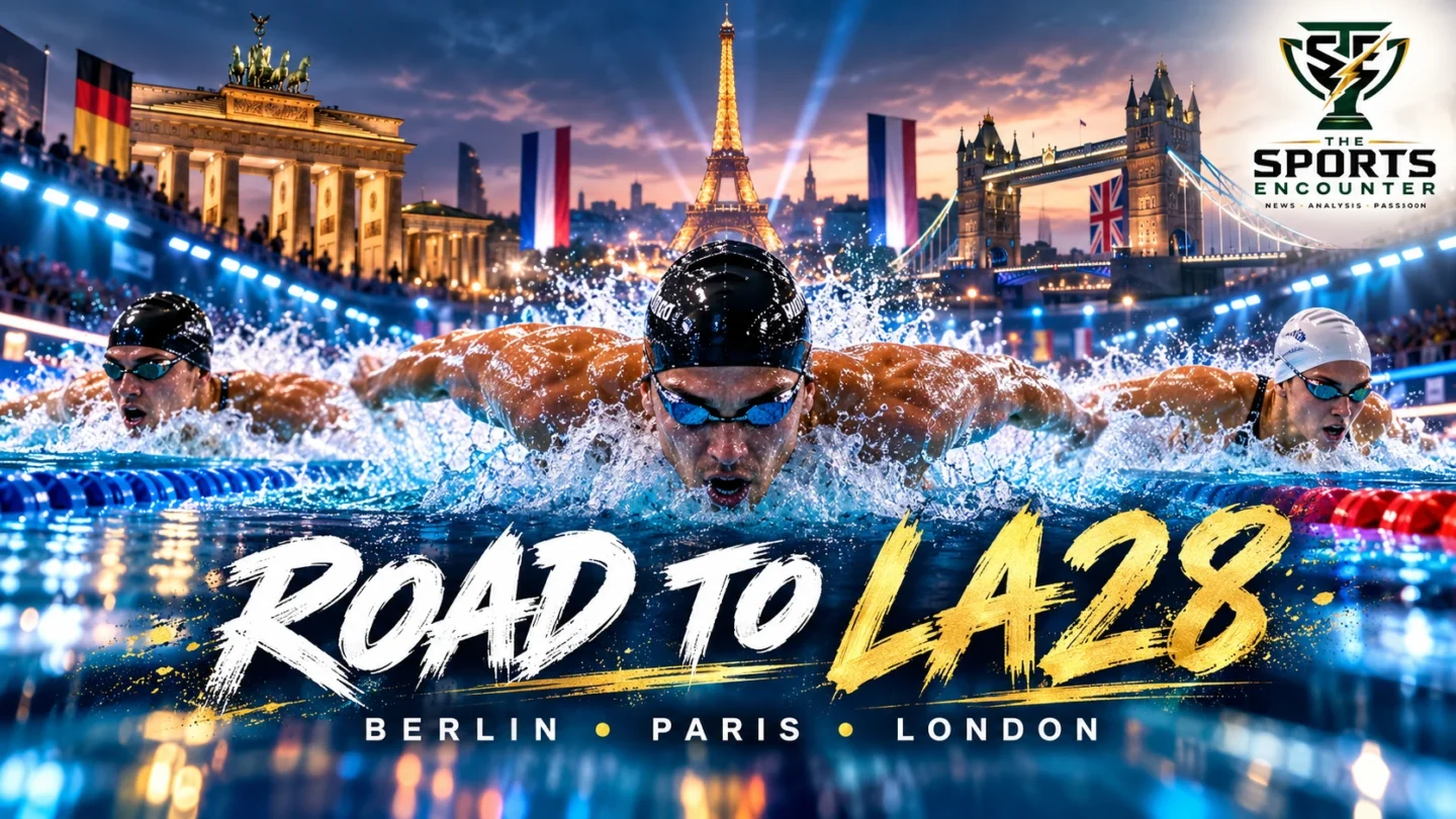 Cinematic swimming graphic featuring elite swimmers racing in a pool, with Berlin, Paris and London highlighted as the 2027 World Aquatics Swimming World Cup hosts and LA28 Olympic qualification destinations, alongside The Sports Encounter logo.