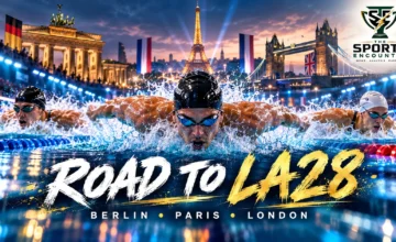 Cinematic swimming graphic featuring elite swimmers racing in a pool, with Berlin, Paris and London highlighted as the 2027 World Aquatics Swimming World Cup hosts and LA28 Olympic qualification destinations, alongside The Sports Encounter logo.