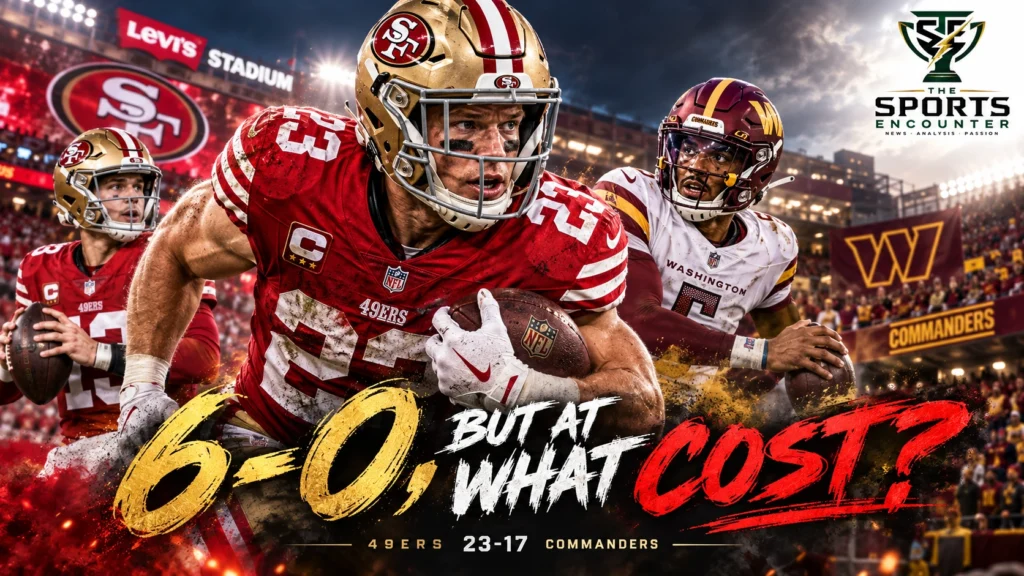 San Francisco 49ers running back Christian McCaffrey celebrates during the 23-17 victory over the Washington Commanders at Levi's Stadium on October 19, 2026.