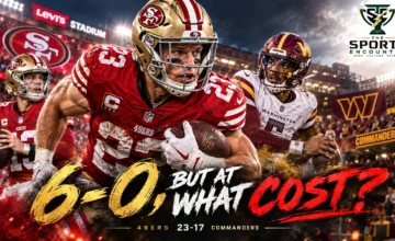 San Francisco 49ers running back Christian McCaffrey celebrates during the 23-17 victory over the Washington Commanders at Levi's Stadium on October 19, 2026.
