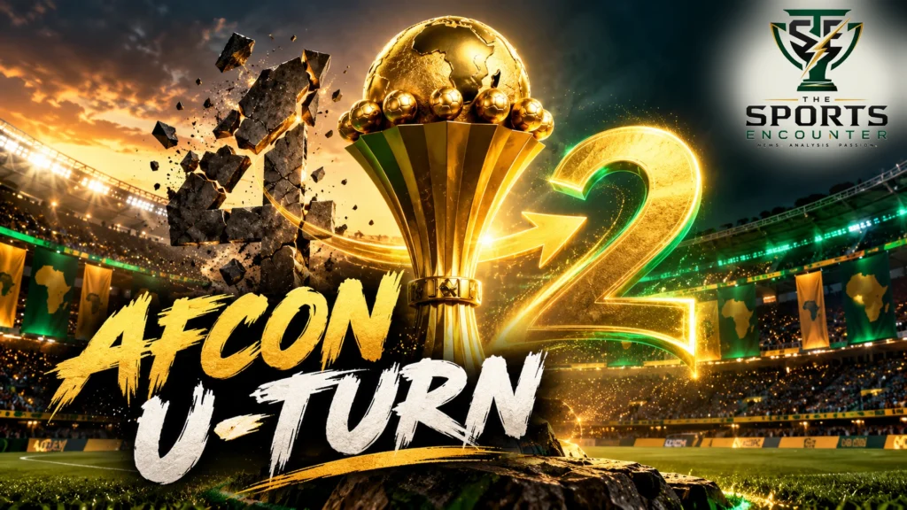 Cinematic editorial illustration of the Africa Cup of Nations trophy under dramatic stadium lights, representing CAF's decision to restore the tournament's two-year cycle, with the official The Sports Encounter logo in the upper-right corner.