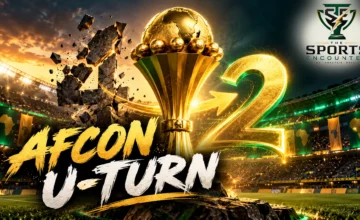 Cinematic editorial illustration of the Africa Cup of Nations trophy under dramatic stadium lights, representing CAF's decision to restore the tournament's two-year cycle, with the official The Sports Encounter logo in the upper-right corner.