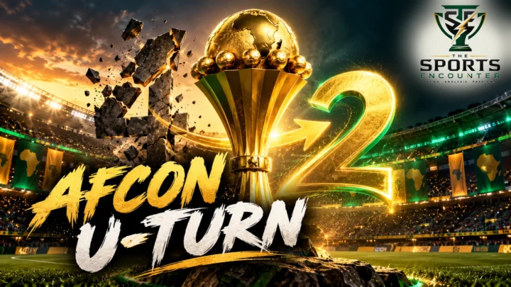 Cinematic editorial illustration of the Africa Cup of Nations trophy under dramatic stadium lights, representing CAF's decision to restore the tournament's two-year cycle, with the official The Sports Encounter logo in the upper-right corner.