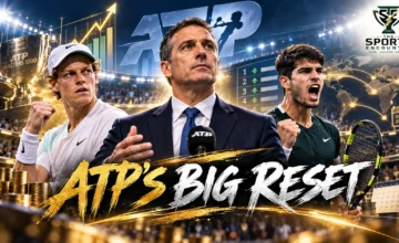 Editorial graphic featuring ATP Chairman Andrea Gaudenzi alongside tennis players Jannik Sinner and Carlos Alcaraz, illustrating proposed 2028 ranking reforms, player compensation increases and the Saudi Masters 1000.