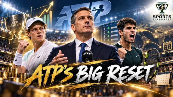 Editorial graphic featuring ATP Chairman Andrea Gaudenzi alongside tennis players Jannik Sinner and Carlos Alcaraz, illustrating proposed 2028 ranking reforms, player compensation increases and the Saudi Masters 1000.
