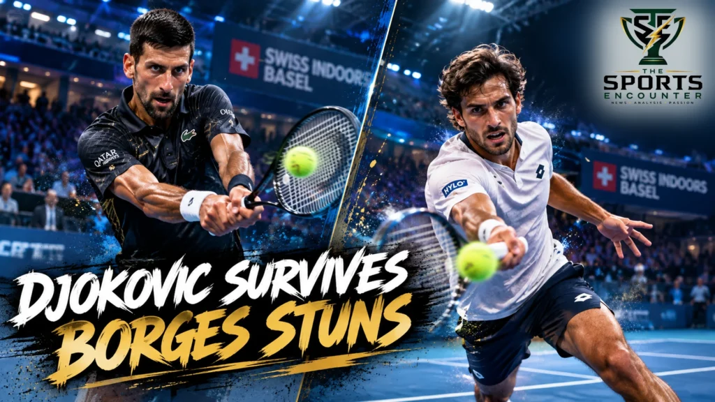 Cinematic tennis editorial artwork featuring Novak Djokovic and Nuno Borges celebrating their Swiss Indoors Basel victories, with indoor hard courts and The Sports Encounter's official logo.