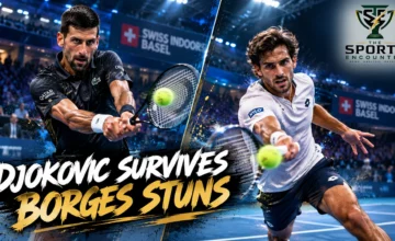 Cinematic tennis editorial artwork featuring Novak Djokovic and Nuno Borges celebrating their Swiss Indoors Basel victories, with indoor hard courts and The Sports Encounter's official logo.