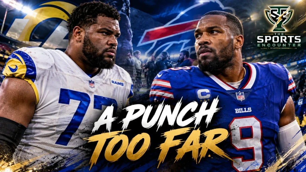 Los Angeles Rams No. 77 faces Buffalo Bills No. 9 in a dramatic NFL graphic featuring the headline “A Punch Too Far” and The Sports Encounter logo. Copy alt text