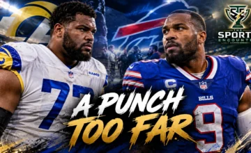 Los Angeles Rams No. 77 faces Buffalo Bills No. 9 in a dramatic NFL graphic featuring the headline “A Punch Too Far” and The Sports Encounter logo. Copy alt text