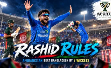 Rashid Khan celebrates Afghanistan's seven-wicket ODI victory over Bangladesh in Sharjah after taking four wickets for 31 runs, with Rahmat Shah and teammates featured alongside The Sports Encounter's official logo.