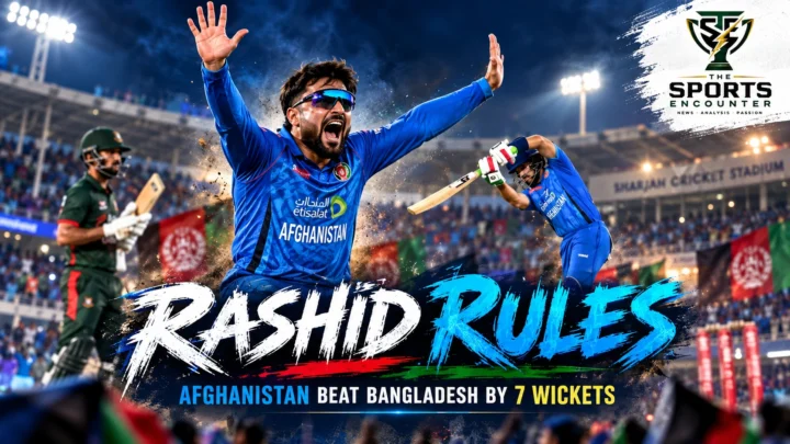 Rashid Khan celebrates Afghanistan's seven-wicket ODI victory over Bangladesh in Sharjah after taking four wickets for 31 runs, with Rahmat Shah and teammates featured alongside The Sports Encounter's official logo.