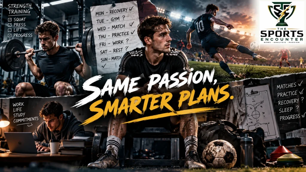 Cinematic illustration of amateur soccer players balancing strength training, competitive matches, work commitments, and recovery, featuring The Sports Encounter's official logo and the words “Same Passion, Smarter Plans.”