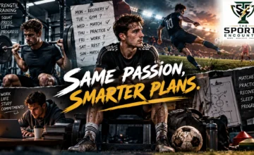 Cinematic illustration of amateur soccer players balancing strength training, competitive matches, work commitments, and recovery, featuring The Sports Encounter's official logo and the words “Same Passion, Smarter Plans.”