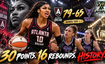 Angel Reese of the Atlanta Dream celebrates during Game 2 of the 2026 WNBA Finals against the Golden State Valkyries at Chase Center in San Francisco on October 19, 2026.