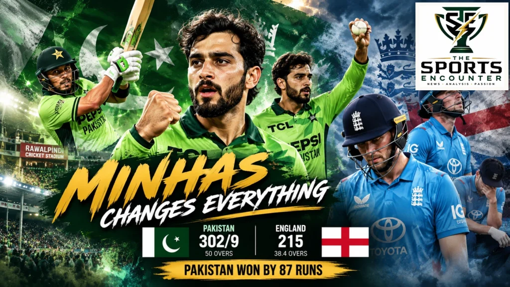 Pakistan all-rounder Arafat Minhas celebrates during Pakistan's 87-run ODI victory over England at Rawalpindi on October 20, 2026, after scoring 59 and taking six wickets.