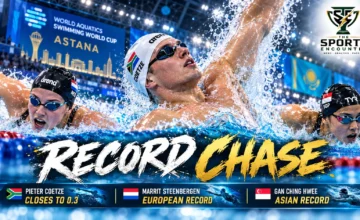 Proposed cinematic editorial graphic featuring Pieter Coetze, Marrit Steenbergen and Gan Ching Hwee alongside their Astana Swimming World Cup performances, highlighting Coetze's 48.40 backstroke victory, Steenbergen's European record and Gan's Asian record.