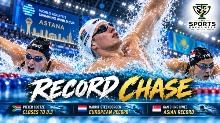 Proposed cinematic editorial graphic featuring Pieter Coetze, Marrit Steenbergen and Gan Ching Hwee alongside their Astana Swimming World Cup performances, highlighting Coetze's 48.40 backstroke victory, Steenbergen's European record and Gan's Asian record.