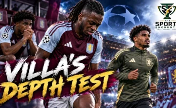 Aston Villa defenders Aaron Wan-Bissaka and Ian Maatsen alongside midfielder Johan Manzambi ahead of the Champions League match against Viking on October 21, 2026.