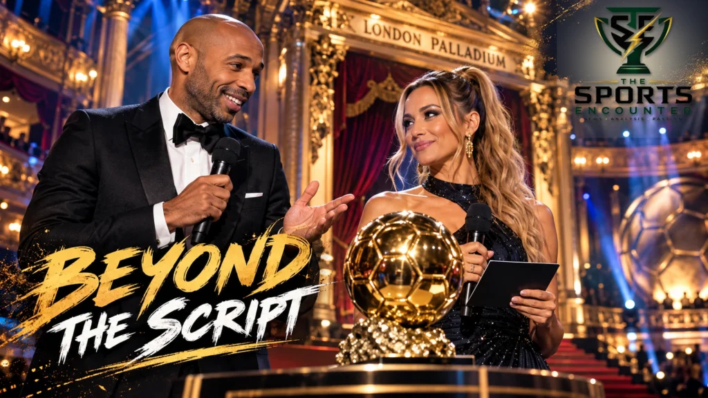 Cinematic illustration of Thierry Henry and Kate Scott presenting beside the Ballon d'Or trophy at the London Palladium, with the brushstroke headline “Beyond the Script” and The Sports Encounter's official logo.