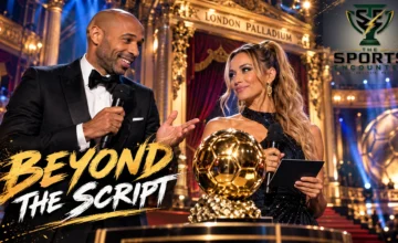 Cinematic illustration of Thierry Henry and Kate Scott presenting beside the Ballon d'Or trophy at the London Palladium, with the brushstroke headline “Beyond the Script” and The Sports Encounter's official logo.