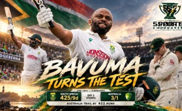 South Africa captain Temba Bavuma celebrates his career-best 179 against Australia during the second Test at St George's Park, Gqeberha, on October 20, 2026.