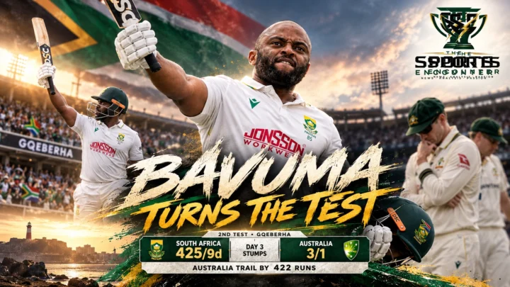 South Africa captain Temba Bavuma celebrates his career-best 179 against Australia during the second Test at St George's Park, Gqeberha, on October 20, 2026.