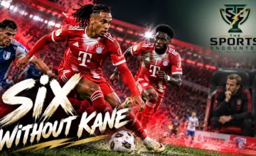 Michael Olise and Alphonso Davies featured in a cinematic illustration of Bayern Munich's 6-1 DFB-Pokal victory over Magdeburg, with Harry Kane watching from the bench.