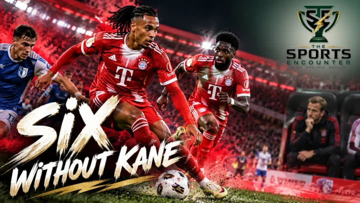 Michael Olise and Alphonso Davies featured in a cinematic illustration of Bayern Munich's 6-1 DFB-Pokal victory over Magdeburg, with Harry Kane watching from the bench.