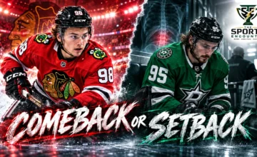 Connor Bedard in Chicago Blackhawks colors and Matt Duchene in Dallas Stars colors feature in a cinematic NHL injury-news graphic contrasting Bedard's potential comeback with Duchene's three-month absence.