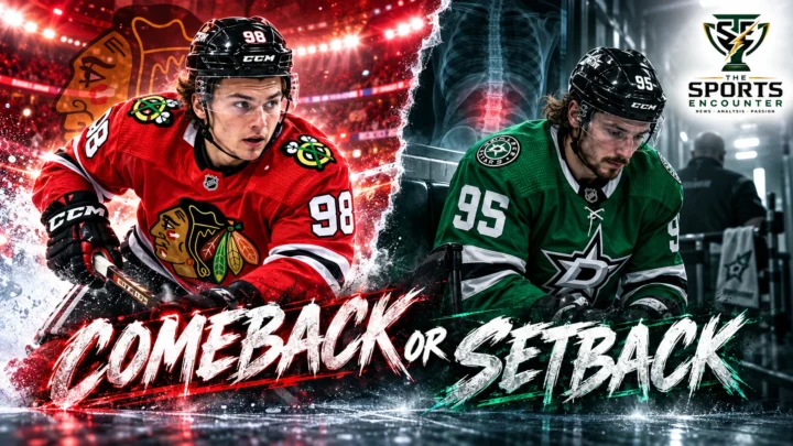Connor Bedard in Chicago Blackhawks colors and Matt Duchene in Dallas Stars colors feature in a cinematic NHL injury-news graphic contrasting Bedard's potential comeback with Duchene's three-month absence.