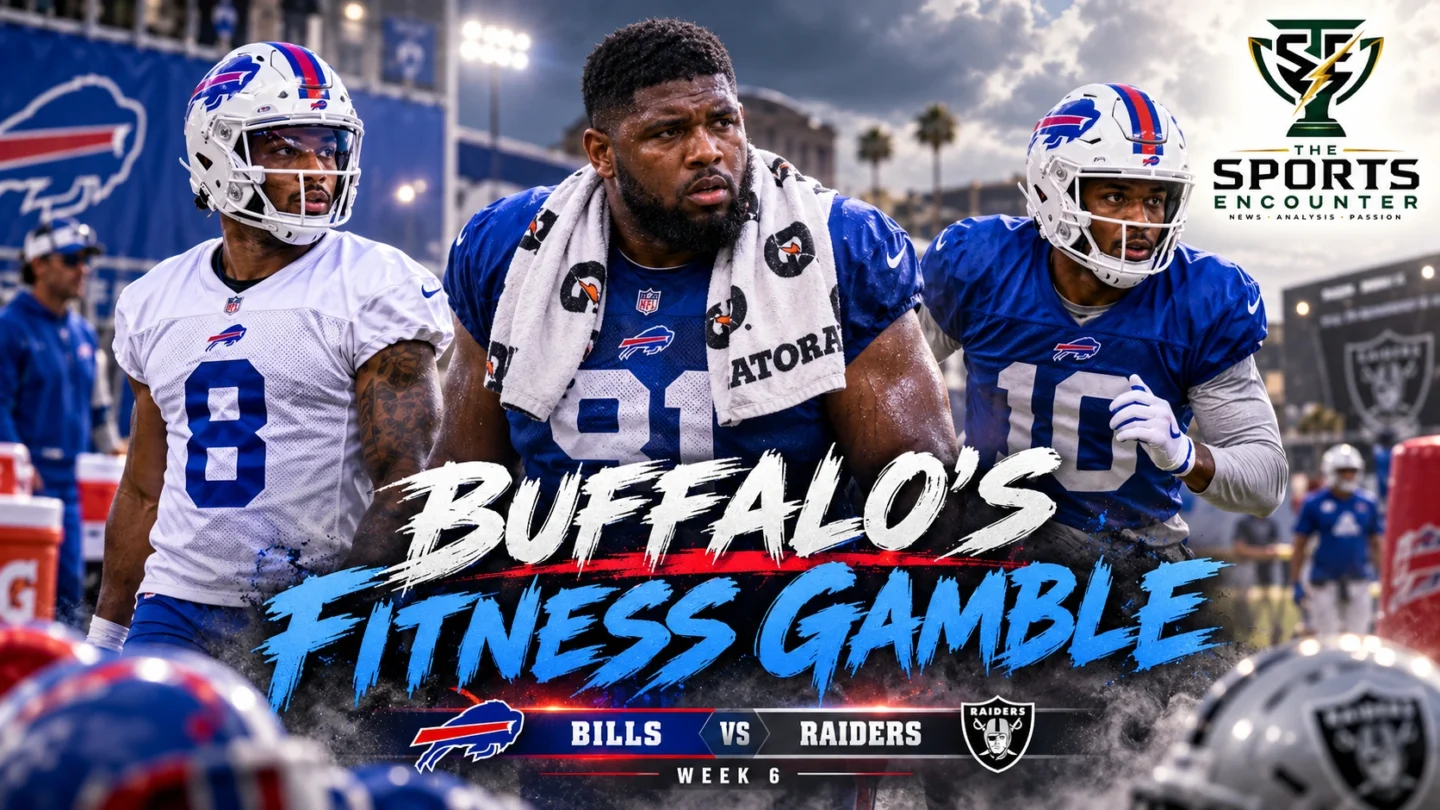Cinematic Buffalo Bills injury graphic featuring wide receiver DJ Moore, defensive tackle Ed Oliver and receiver Joshua Palmer ahead of the October 18, 2026, road game against the Las Vegas Raiders, with The Sports Encounter logo.
