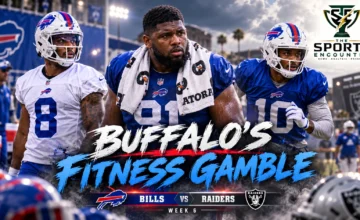 Cinematic Buffalo Bills injury graphic featuring wide receiver DJ Moore, defensive tackle Ed Oliver and receiver Joshua Palmer ahead of the October 18, 2026, road game against the Las Vegas Raiders, with The Sports Encounter logo.
