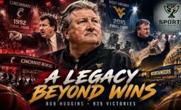 Editorial illustration of legendary Cincinnati and West Virginia basketball coach Bob Huggins, with portraits from his coaching career and references to his 935 victories and 2026 Cincinnati Athletics Hall of Fame induction.