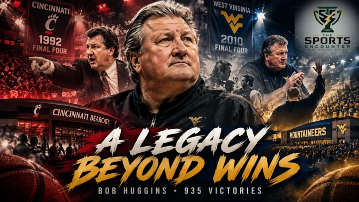 Editorial illustration of legendary Cincinnati and West Virginia basketball coach Bob Huggins, with portraits from his coaching career and references to his 935 victories and 2026 Cincinnati Athletics Hall of Fame induction.
